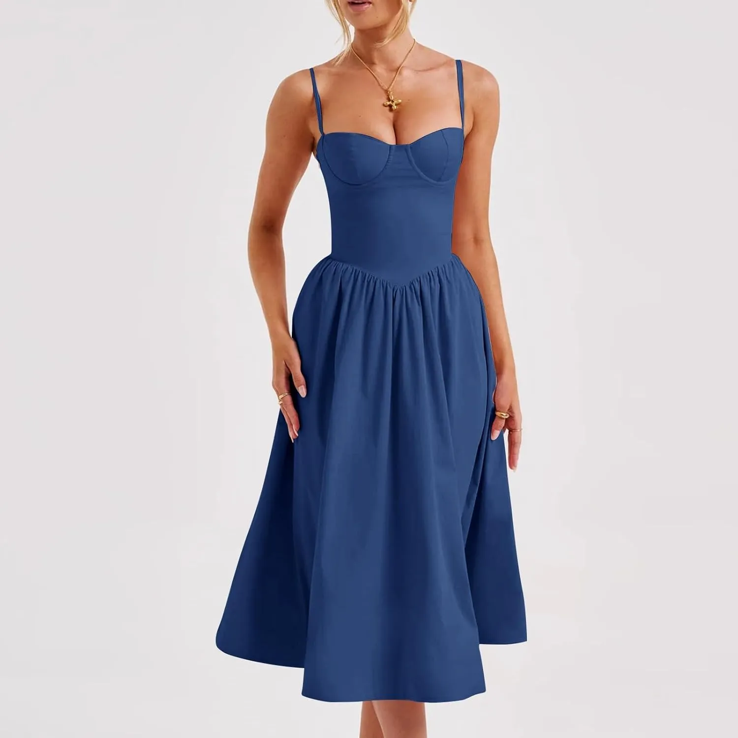 Corset Dress for Women Elegant Spaghetti Strap Bustier Midi Dress Flowy Pleated Hem Low Cut Prom Dresses with Pockets