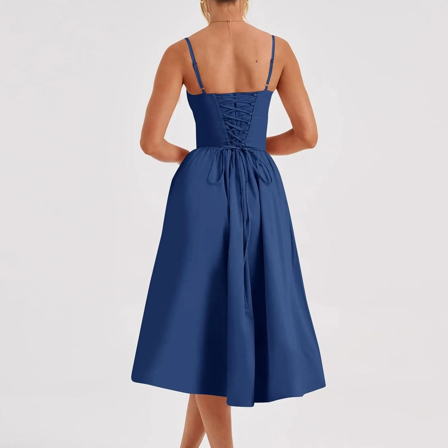 Corset Dress for Women Elegant Spaghetti Strap Bustier Midi Dress Flowy Pleated Hem Low Cut Prom Dresses with Pockets
