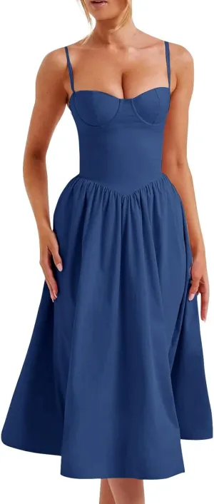 Corset Dress for Women Elegant Spaghetti Strap Bustier Midi Dress Flowy Pleated Hem Low Cut Prom Dresses with Pockets