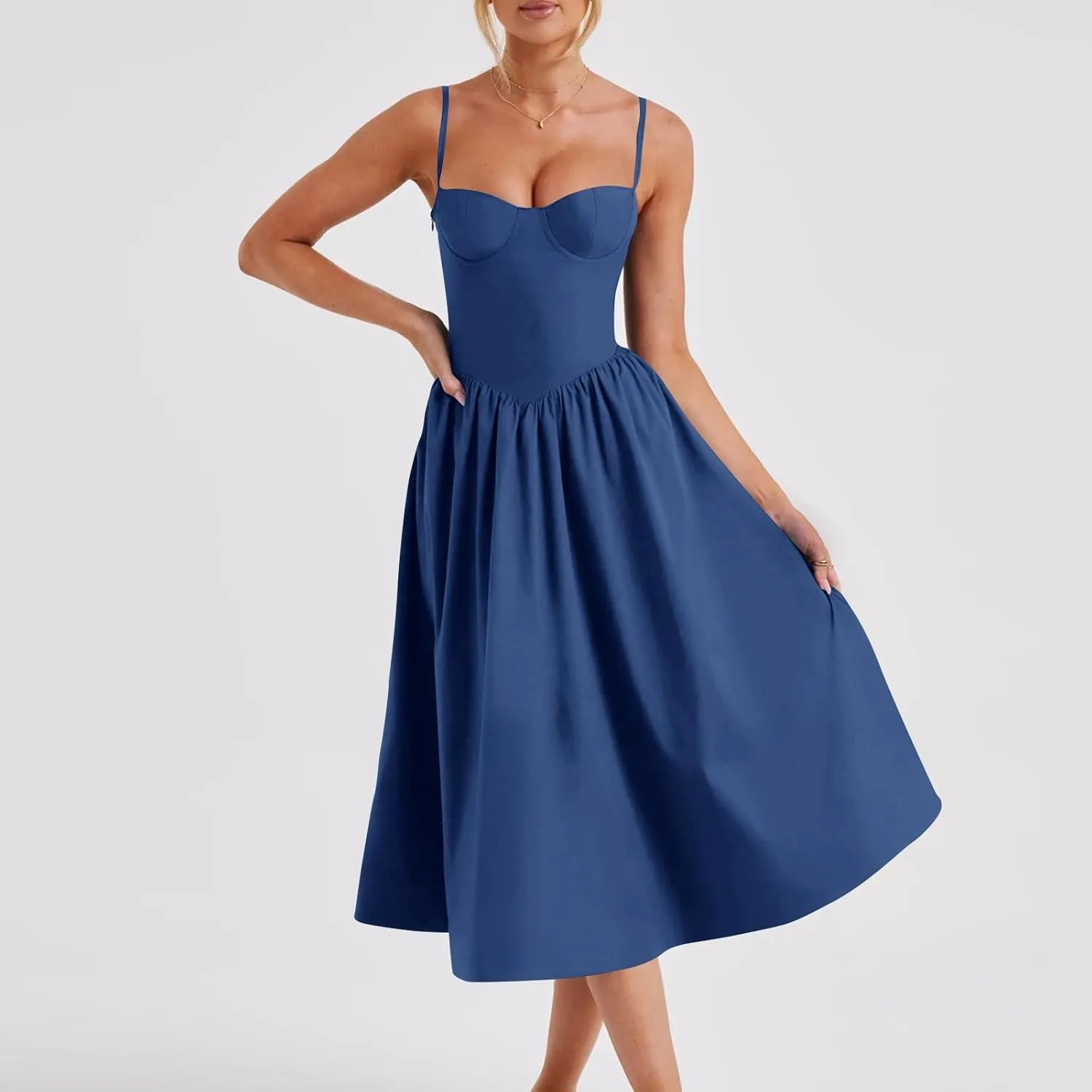 Corset Dress for Women Elegant Spaghetti Strap Bustier Midi Dress Flowy Pleated Hem Low Cut Prom Dresses with Pockets