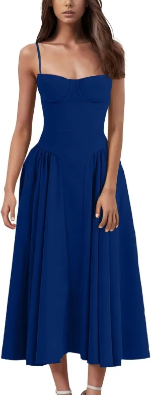 Corset Dress for Women Spaghetti Strap Bustier Pleated Hem Low Cut Midi Party Dresses 2025 Prom Dress with Pockets