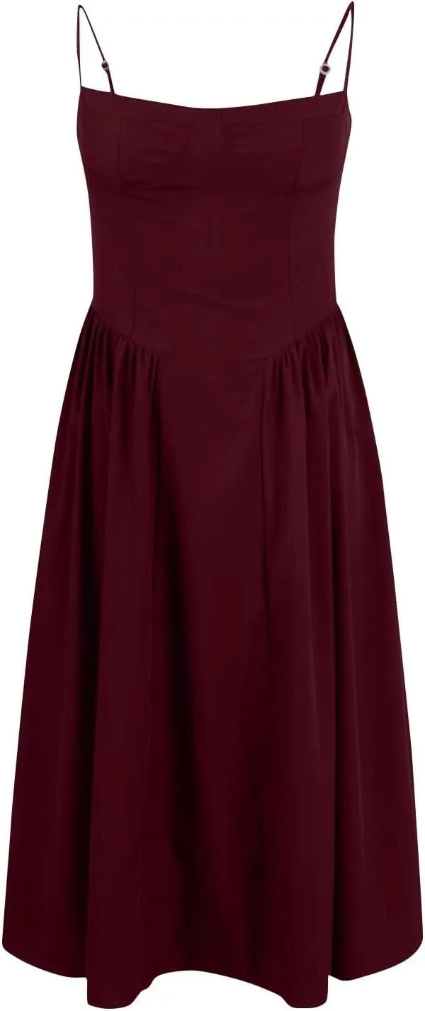 Corset Dress-Sexy Spaghetti Strap Bustier Midi Dress Low Cut Flowy Pleated Hem Modest Formal Dresses with Pockets
