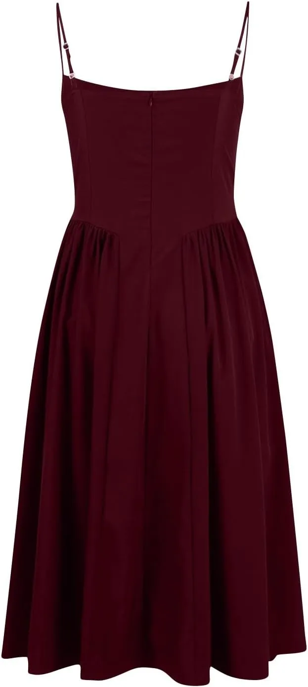 Corset Dress-Sexy Spaghetti Strap Bustier Midi Dress Low Cut Flowy Pleated Hem Modest Formal Dresses with Pockets