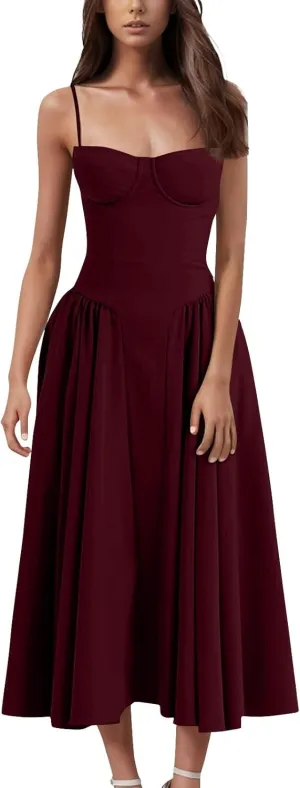 Corset Dress-Sexy Spaghetti Strap Bustier Midi Dress Low Cut Flowy Pleated Hem Modest Formal Dresses with Pockets