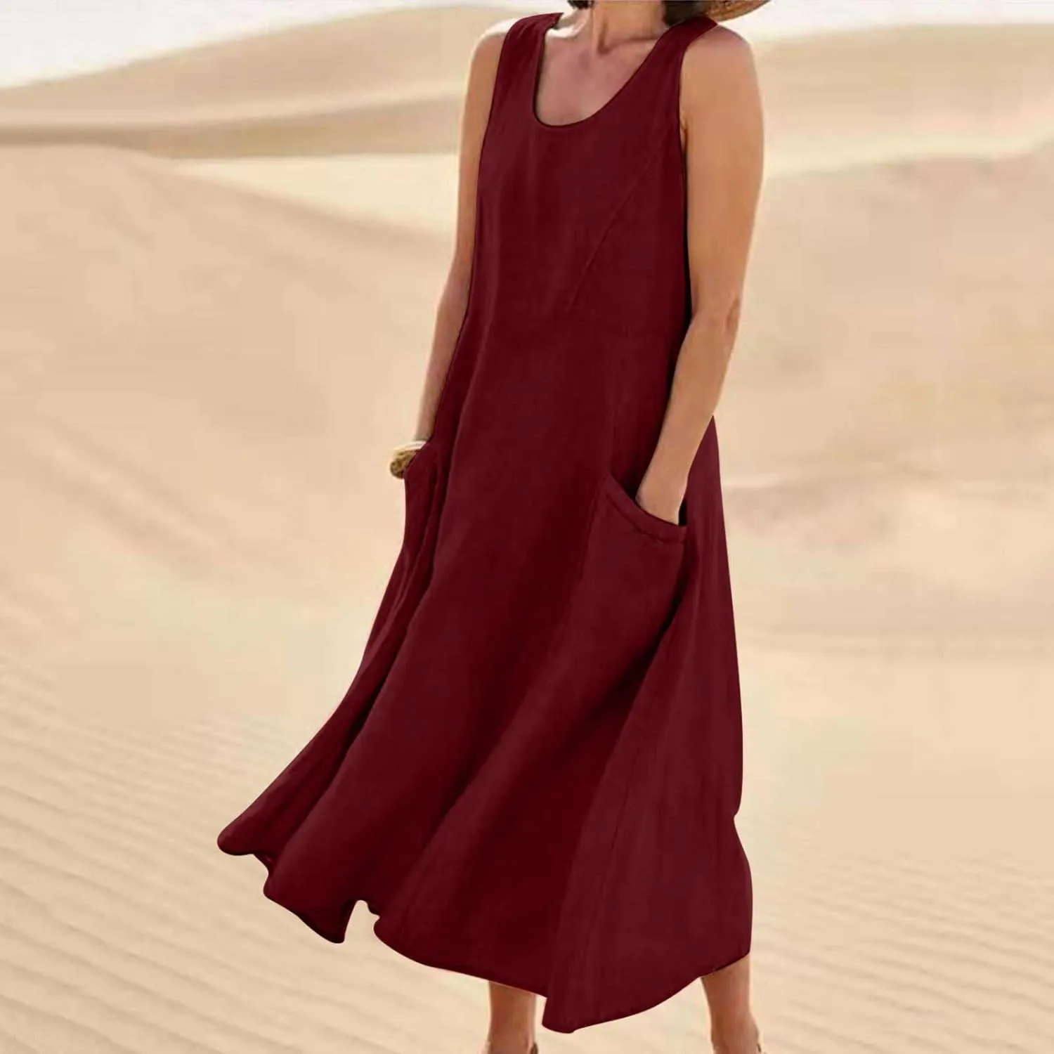 Cotton Line Dresses for Women 2023 Casual Summer Sleeveless Beach Flowy Sundress with Pockets Loose Tank Dress