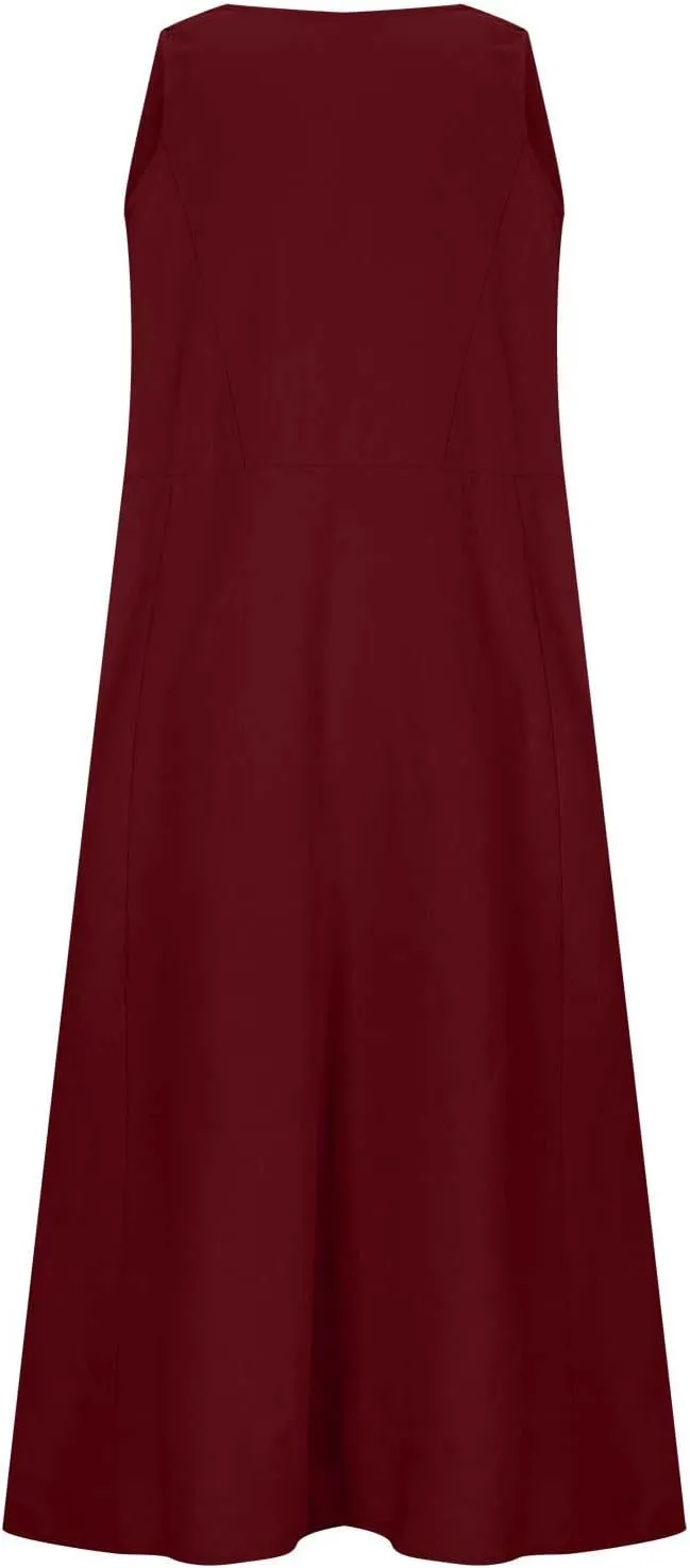 Cotton Line Dresses for Women 2023 Casual Summer Sleeveless Beach Flowy Sundress with Pockets Loose Tank Dress