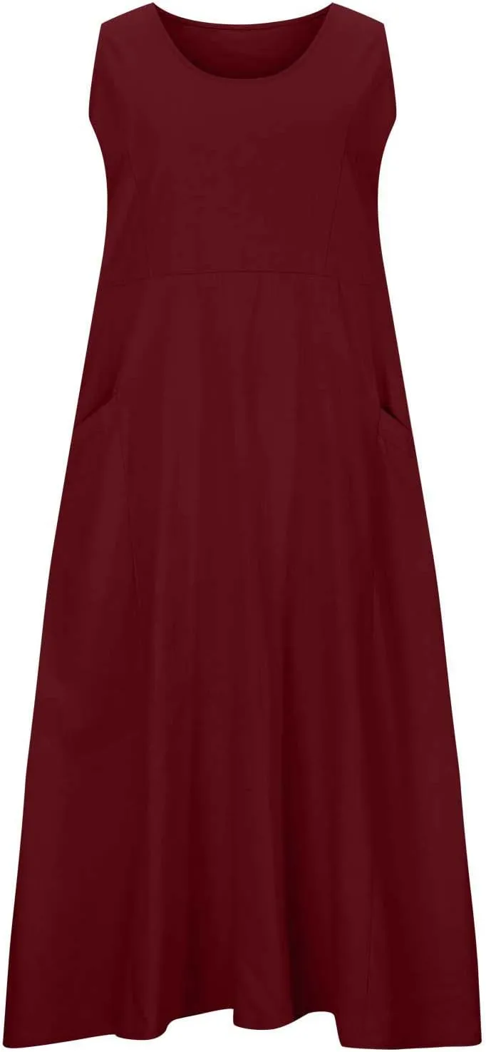 Cotton Line Dresses for Women 2023 Casual Summer Sleeveless Beach Flowy Sundress with Pockets Loose Tank Dress