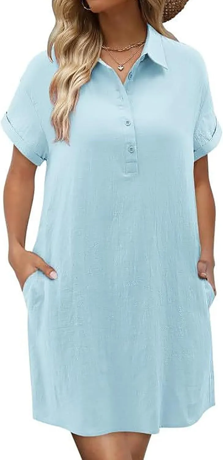 Cotton Linen Dresses for Women 2025 Summer Casual Sundress Loose Fit Short Sleeve Vacation Dress with Pockets