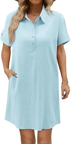 Cotton Linen Dresses for Women 2025 Summer Casual Sundress Loose Fit Short Sleeve Vacation Dress with Pockets