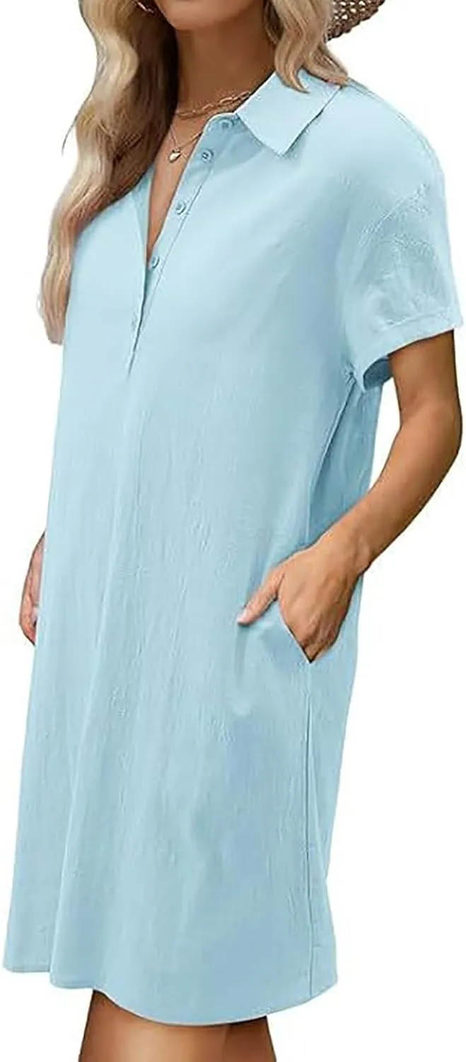 Cotton Linen Dresses for Women 2025 Summer Casual Sundress Loose Fit Short Sleeve Vacation Dress with Pockets