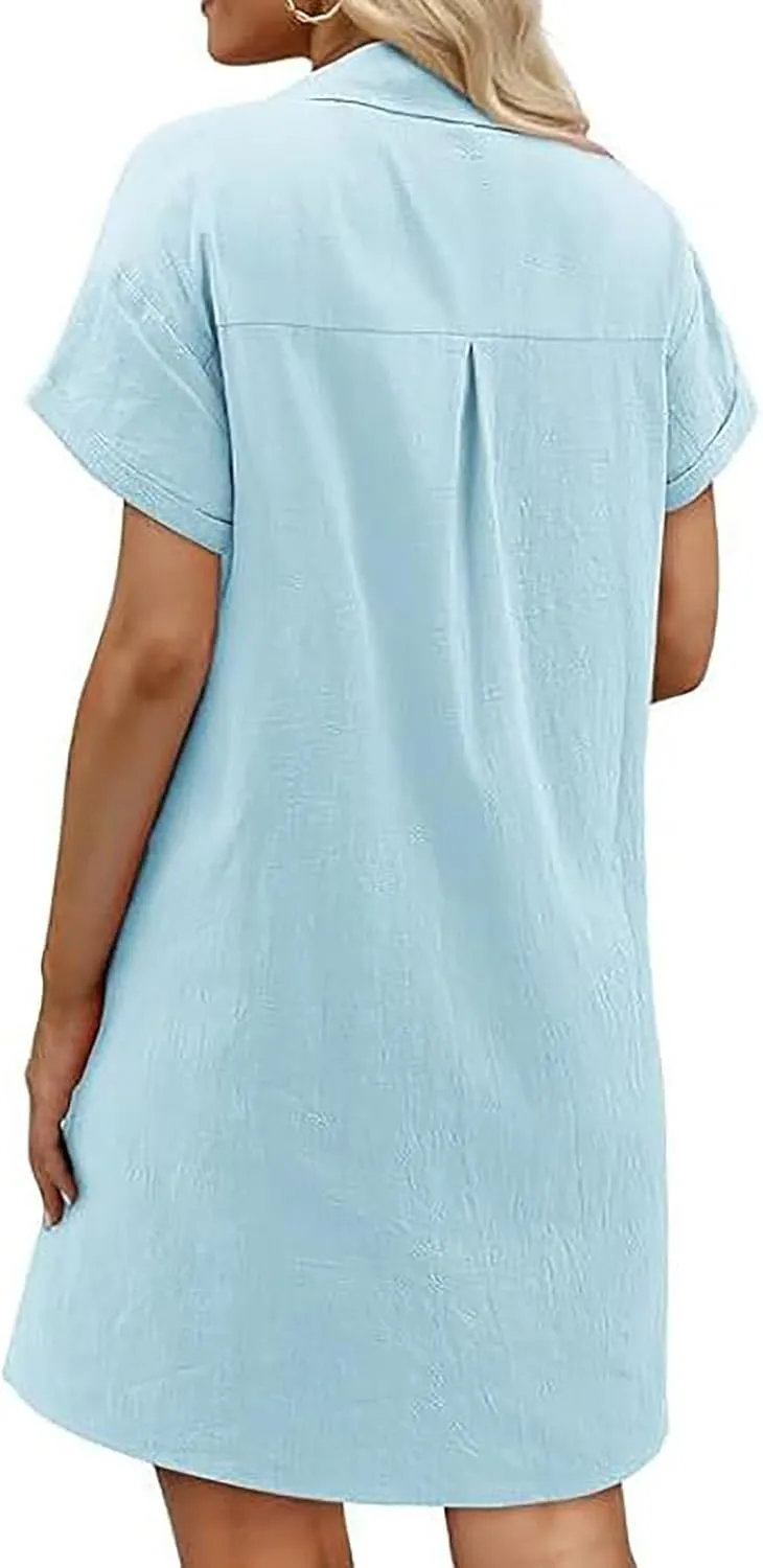 Cotton Linen Dresses for Women 2025 Summer Casual Sundress Loose Fit Short Sleeve Vacation Dress with Pockets