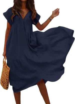 Cotton Linen Dresses for Women 2025 Summer Short Sleeve Midi Beach Dress A Line Flowy Dresses Shirt Dress with Pocket