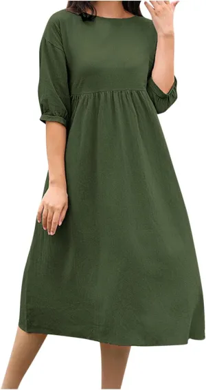 Cotton Linen Midi Dresses Women's Casual Loose Summer Short Sleeve Beach Vacation Dress Trendy Plain Tunic Sundresses