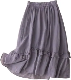 Cotton Linen Skirts for Women Elastic Waisted Vintage Ruffle Hem Midi Skirt Summer Solid Color Vacation Flowy Skirt