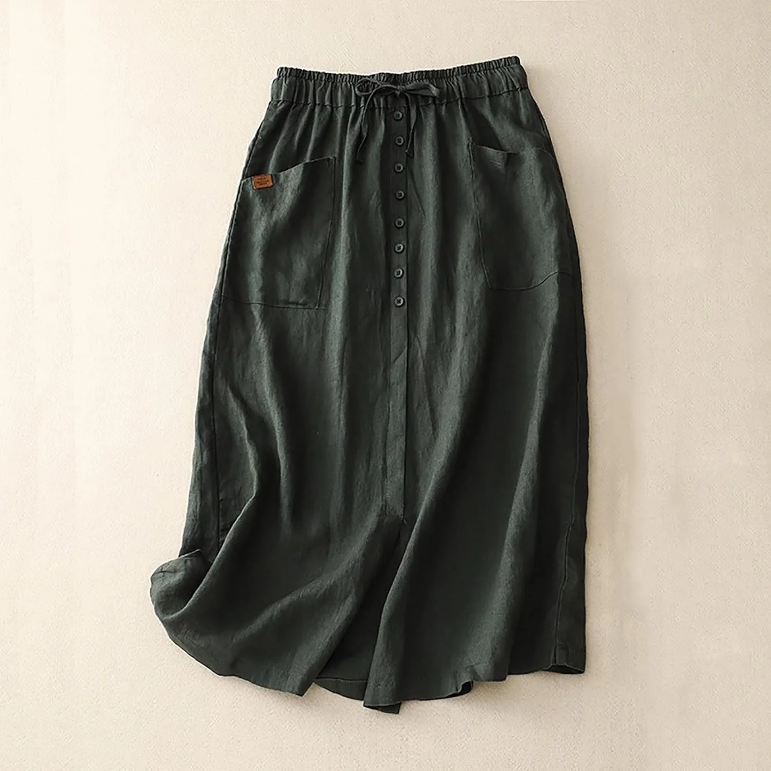 Cotton Linen Skirts for Women Spring Summer A Line Flowy Casual Drawstring High Waist Button Midi Skirt with Slit