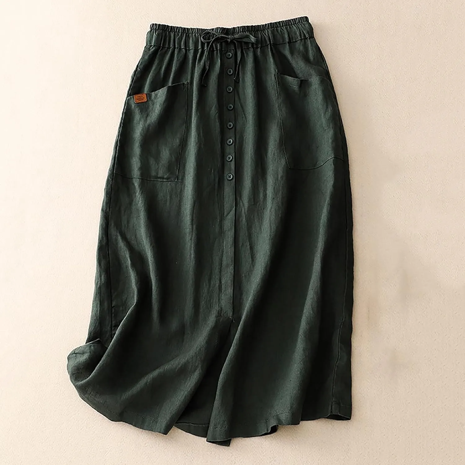 Cotton Linen Skirts for Women Spring Summer A Line Flowy Casual Drawstring High Waist Button Midi Skirt with Slit