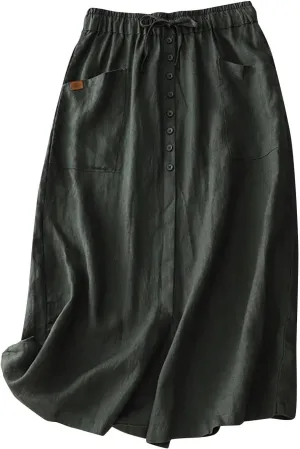 Cotton Linen Skirts for Women Spring Summer A Line Flowy Casual Drawstring High Waist Button Midi Skirt with Slit