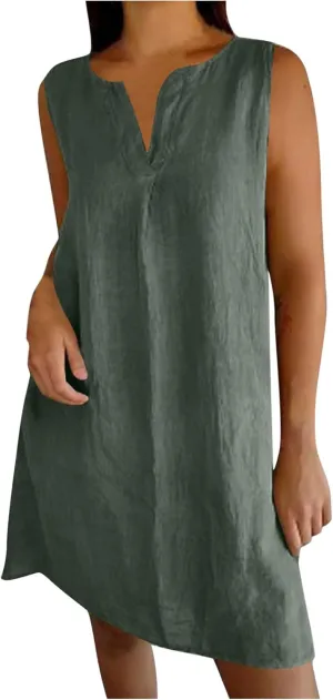 Cotton Linen Tank Dress for Women Sleeveless V Neck Beach Tshirt Sundress 2025 Summer Solid Lightweight Mini Dresses