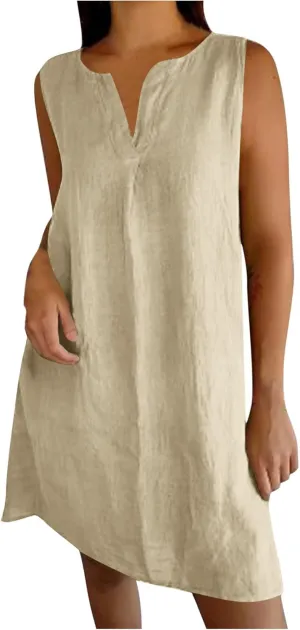 Cotton Linen Tank Dress for Women Sleeveless V Neck Beach Tshirt Sundress 2025 Summer Solid Lightweight Mini Dresses