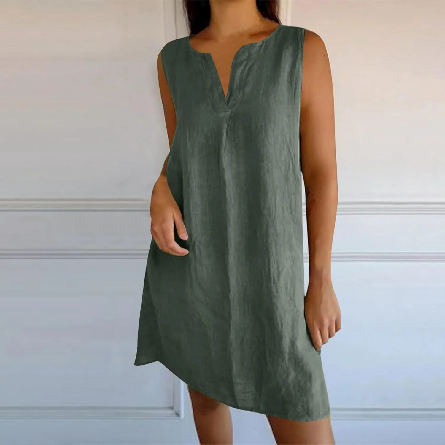 Cotton Linen Tank Dress for Women Sleeveless V Neck Beach Tshirt Sundress 2025 Summer Solid Lightweight Mini Dresses