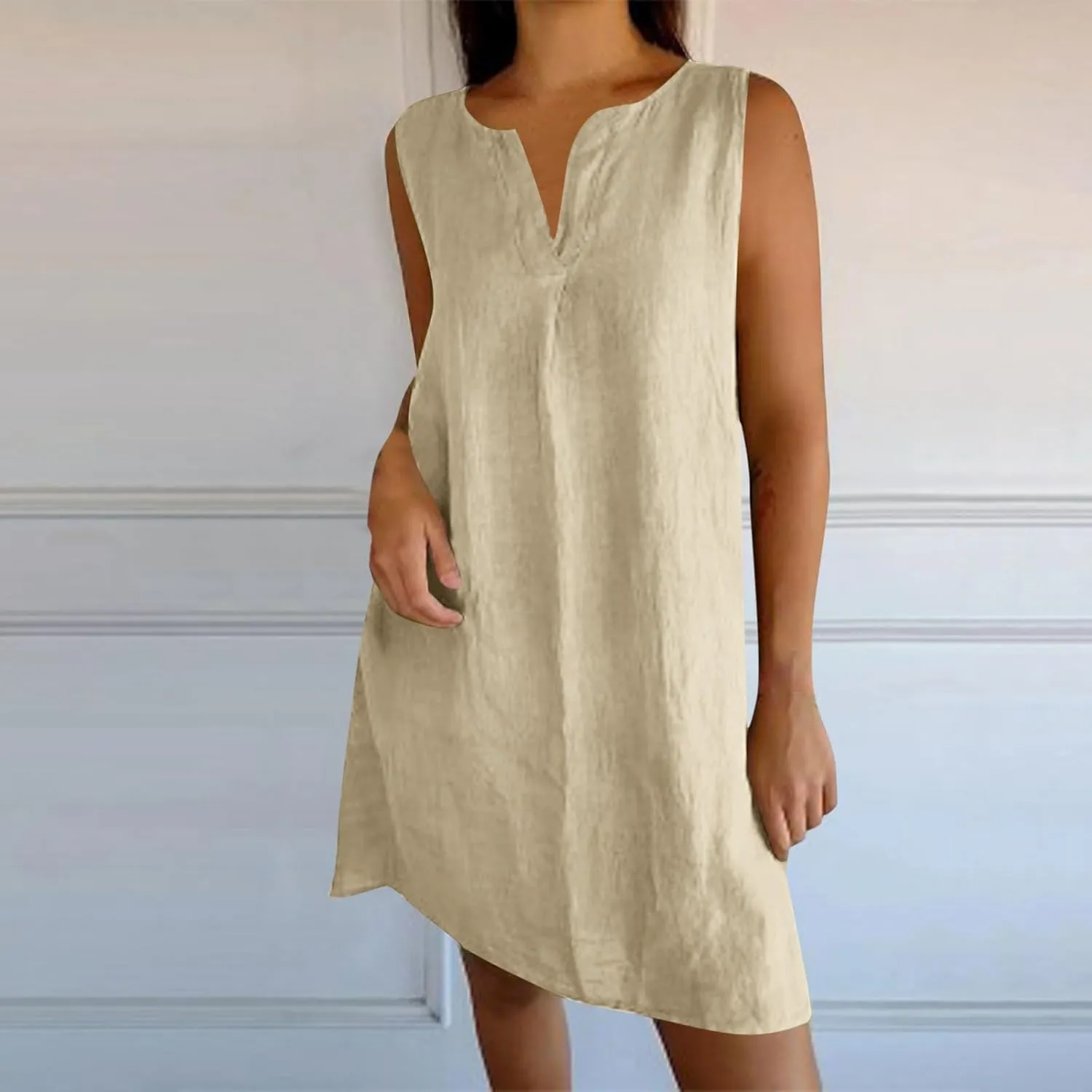 Cotton Linen Tank Dress for Women Sleeveless V Neck Beach Tshirt Sundress 2025 Summer Solid Lightweight Mini Dresses