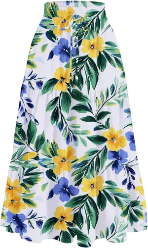 Cotton Skirt for Women Boho High Waist Flowy Maxi Skirt Summer Casual A-Line