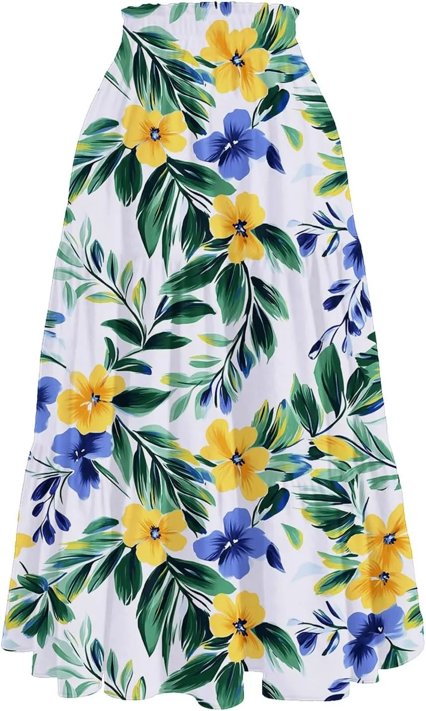 Cotton Skirt for Women Boho High Waist Flowy Maxi Skirt Summer Casual A-Line