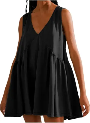 Cute Babydoll Dresses for Women 2024 Fashion Sleeveless Summer Mini Dress Casual Loose Ruffle Flowy Beach Sundress