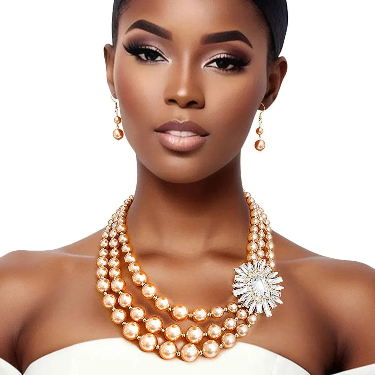 Dazzling 3-Strand Gold Pearl Beaded Necklace Earrings Set