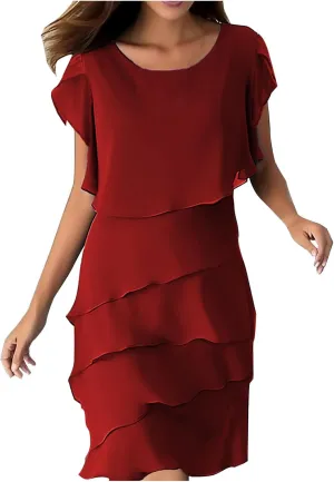 DDAPJ pyju Womens Chiffon Wedding Guest Dresses Flowy Tiered Midi Dress Plus Size Crewneck Cap Sleeve Party Cocktail Dress