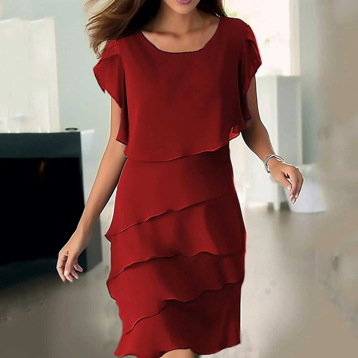 DDAPJ pyju Womens Chiffon Wedding Guest Dresses Flowy Tiered Midi Dress Plus Size Crewneck Cap Sleeve Party Cocktail Dress