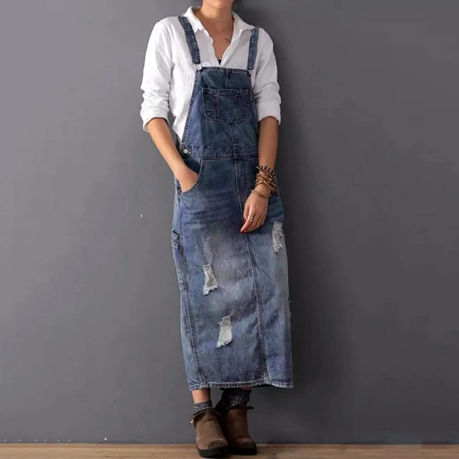 Denim Jumper Dress Women Loose Version Baggy Style Maxi Length Adjustable Straps Wide Hemline Sleeveless Jean Vintage Jumpers