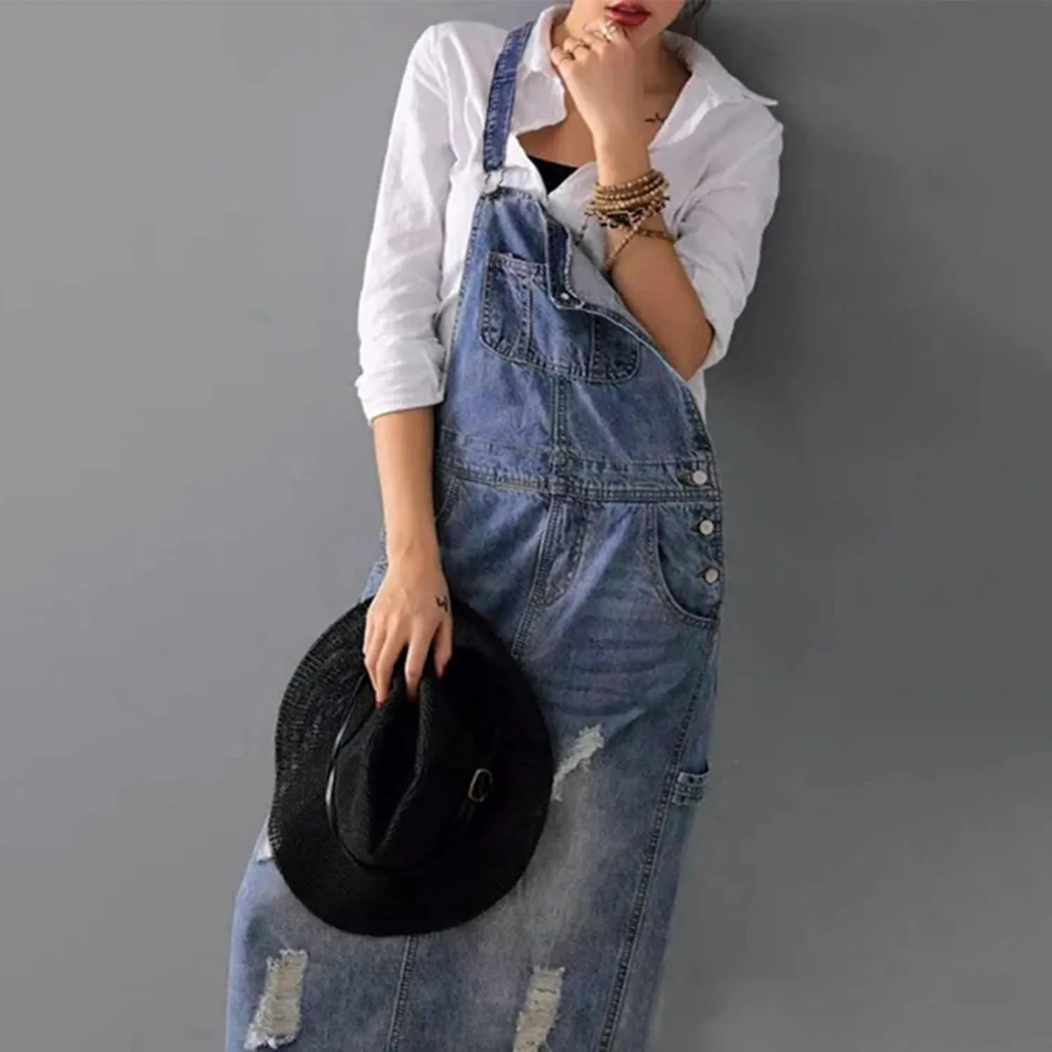 Denim Jumper Dress Women Loose Version Baggy Style Maxi Length Adjustable Straps Wide Hemline Sleeveless Jean Vintage Jumpers