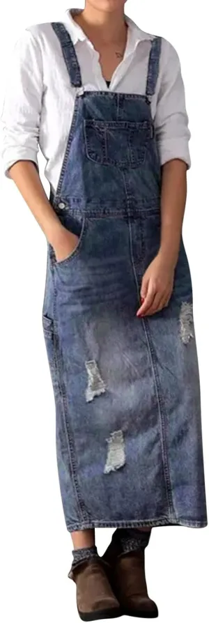 Denim Jumper Dress Women Loose Version Baggy Style Maxi Length Adjustable Straps Wide Hemline Sleeveless Jean Vintage Jumpers