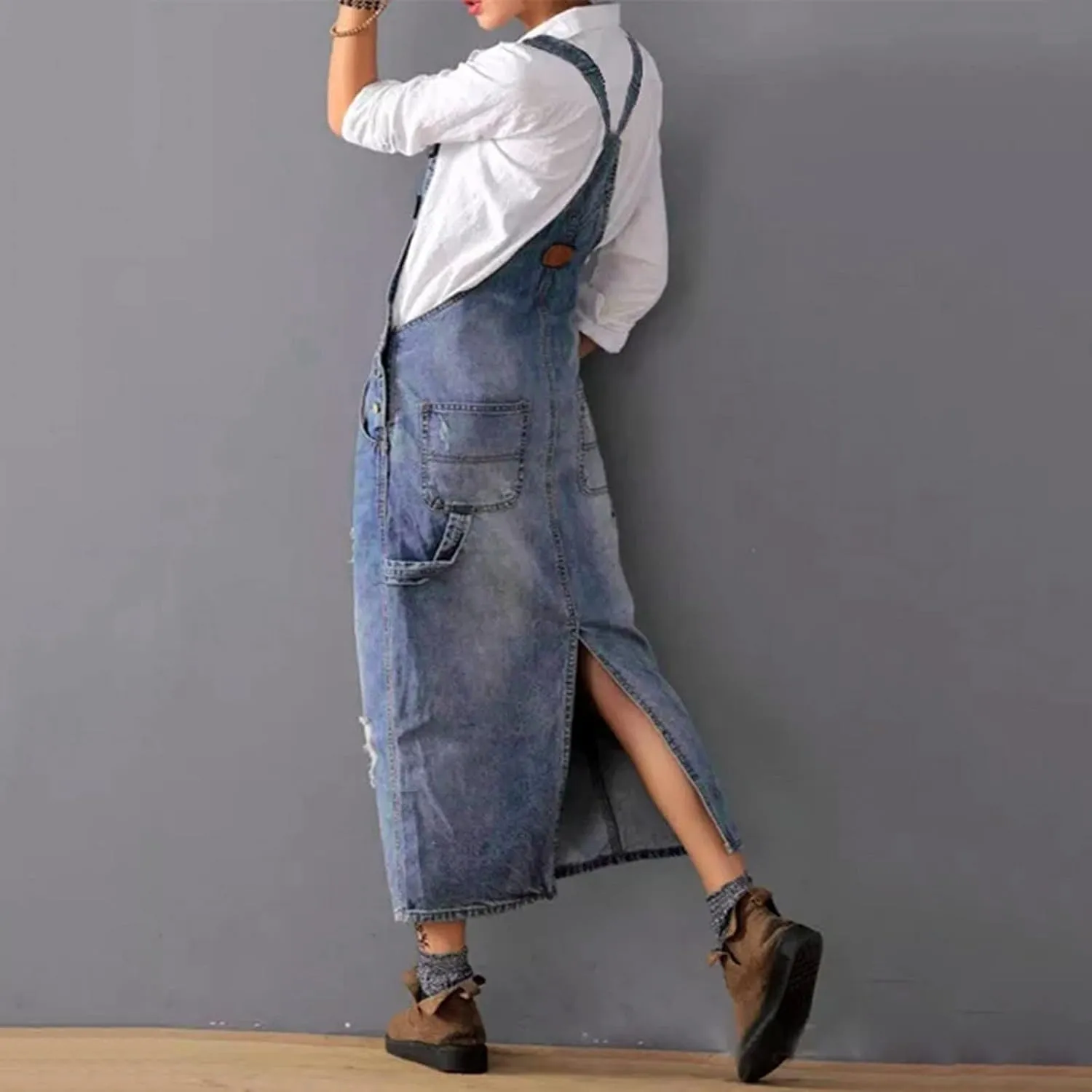 Denim Jumper Dress Women Loose Version Baggy Style Maxi Length Adjustable Straps Wide Hemline Sleeveless Jean Vintage Jumpers
