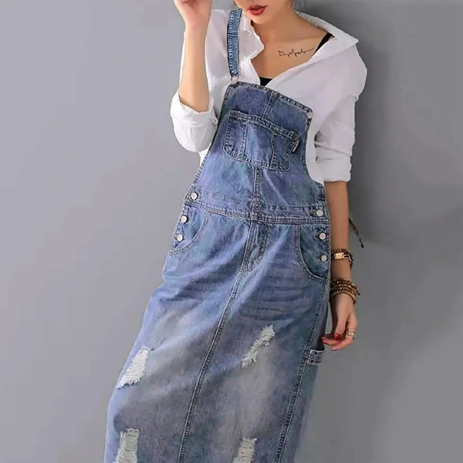 Denim Jumper Dress Women Loose Version Baggy Style Maxi Length Adjustable Straps Wide Hemline Sleeveless Jean Vintage Jumpers