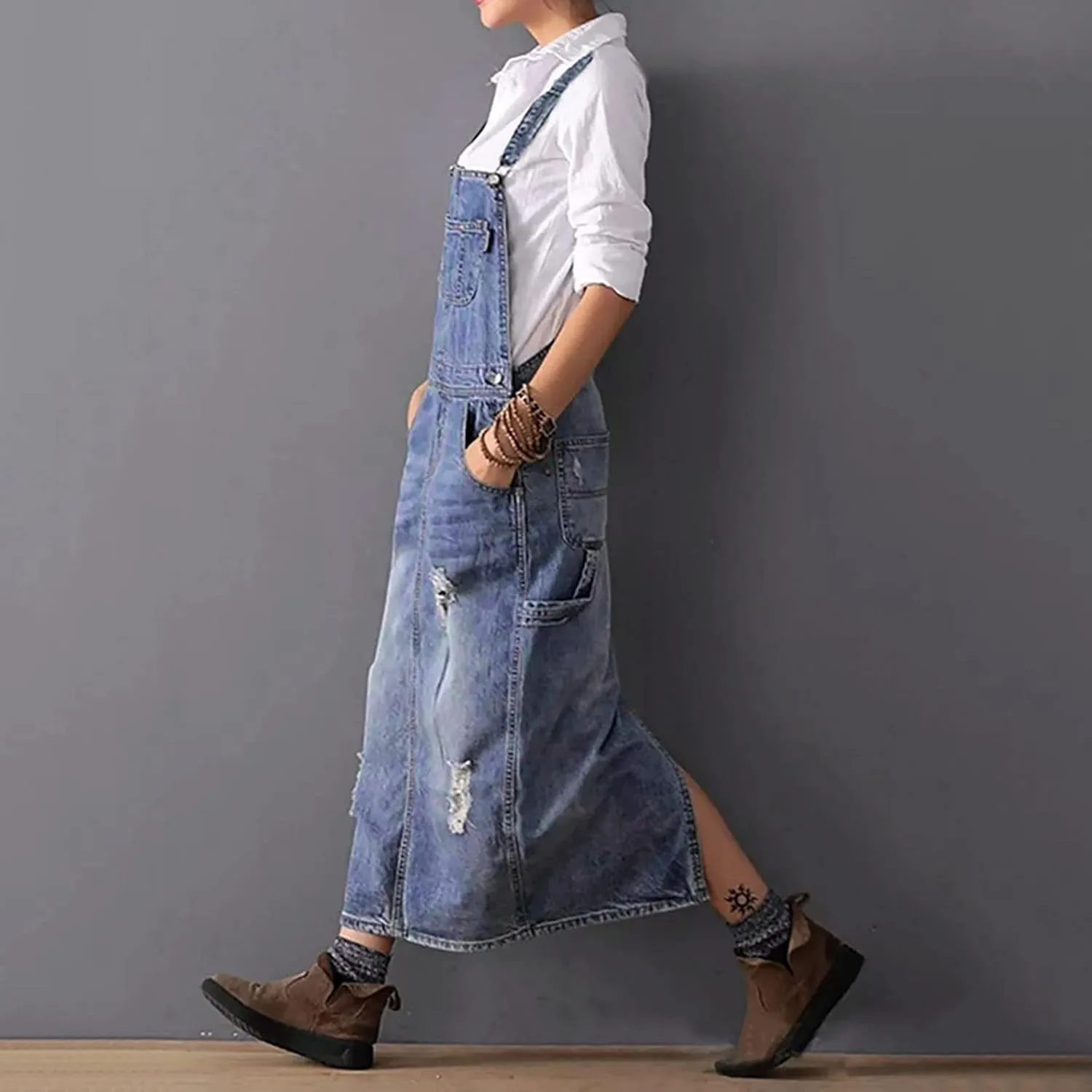 Denim Jumper Dress Women Loose Version Baggy Style Maxi Length Adjustable Straps Wide Hemline Sleeveless Jean Vintage Jumpers