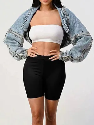 Denim Light Wash Studded Half Jacket