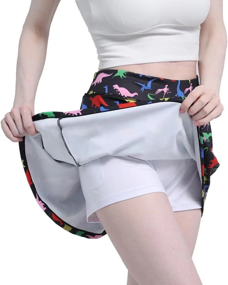 Dinosaur Women's Skorts Skirts High Waisted Golf Pleated Skirts for Running Pickleball Workout