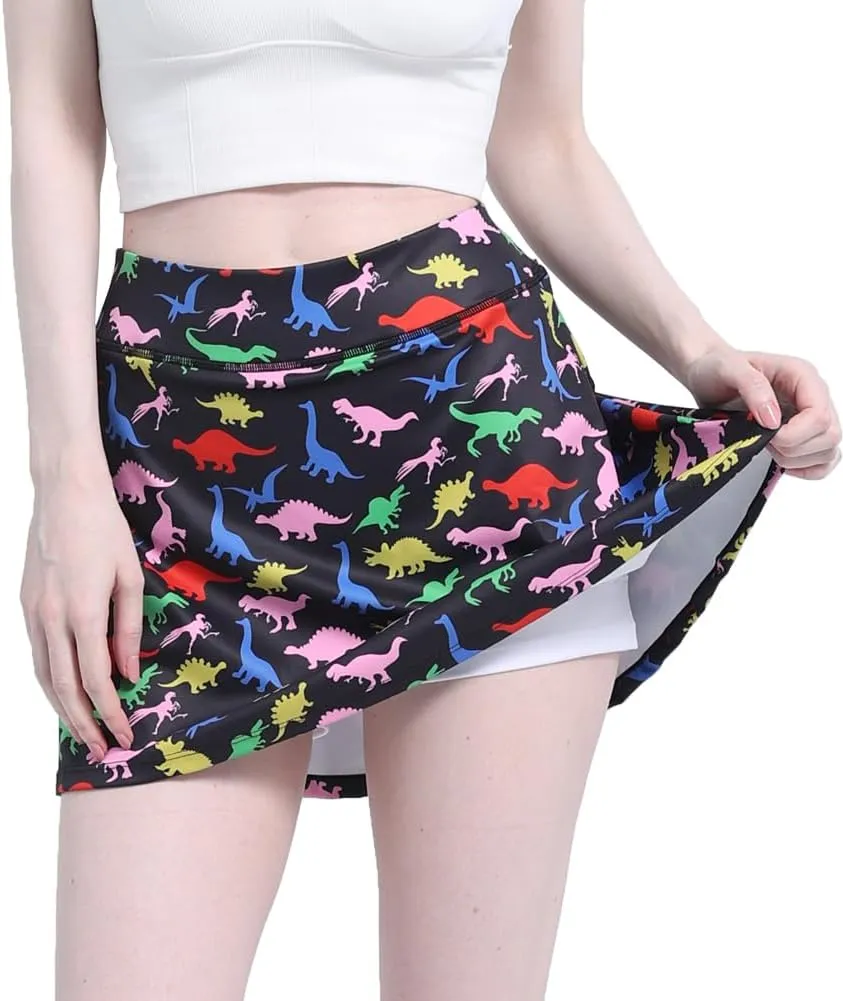 Dinosaur Women's Skorts Skirts High Waisted Golf Pleated Skirts for Running Pickleball Workout