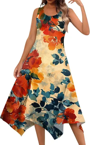 DOPOCQ Midi Dresses for Women 2024 Summer Hawaiian Trendy Print Boho Beach Dresses Casual Plus Size Sleeveless Tank Sundress