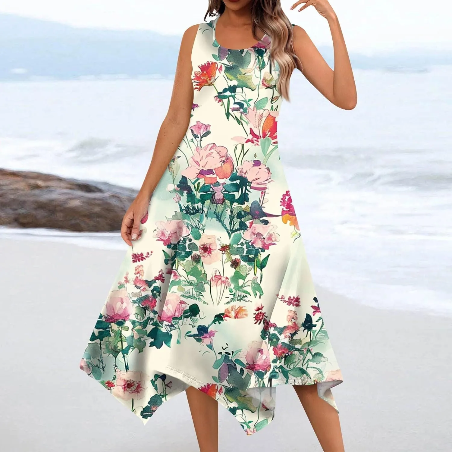 DOPOCQ Midi Dresses for Women 2024 Summer Hawaiian Trendy Print Boho Beach Dresses Casual Plus Size Sleeveless Tank Sundress