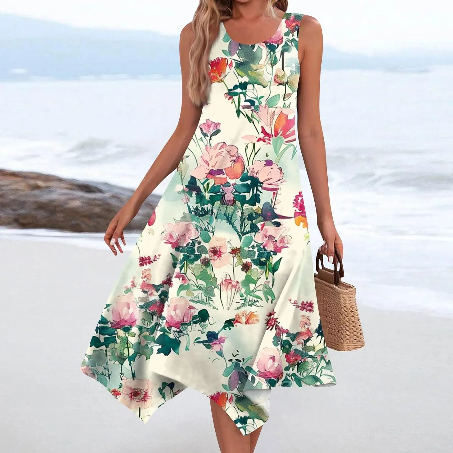 DOPOCQ Midi Dresses for Women 2024 Summer Hawaiian Trendy Print Boho Beach Dresses Casual Plus Size Sleeveless Tank Sundress