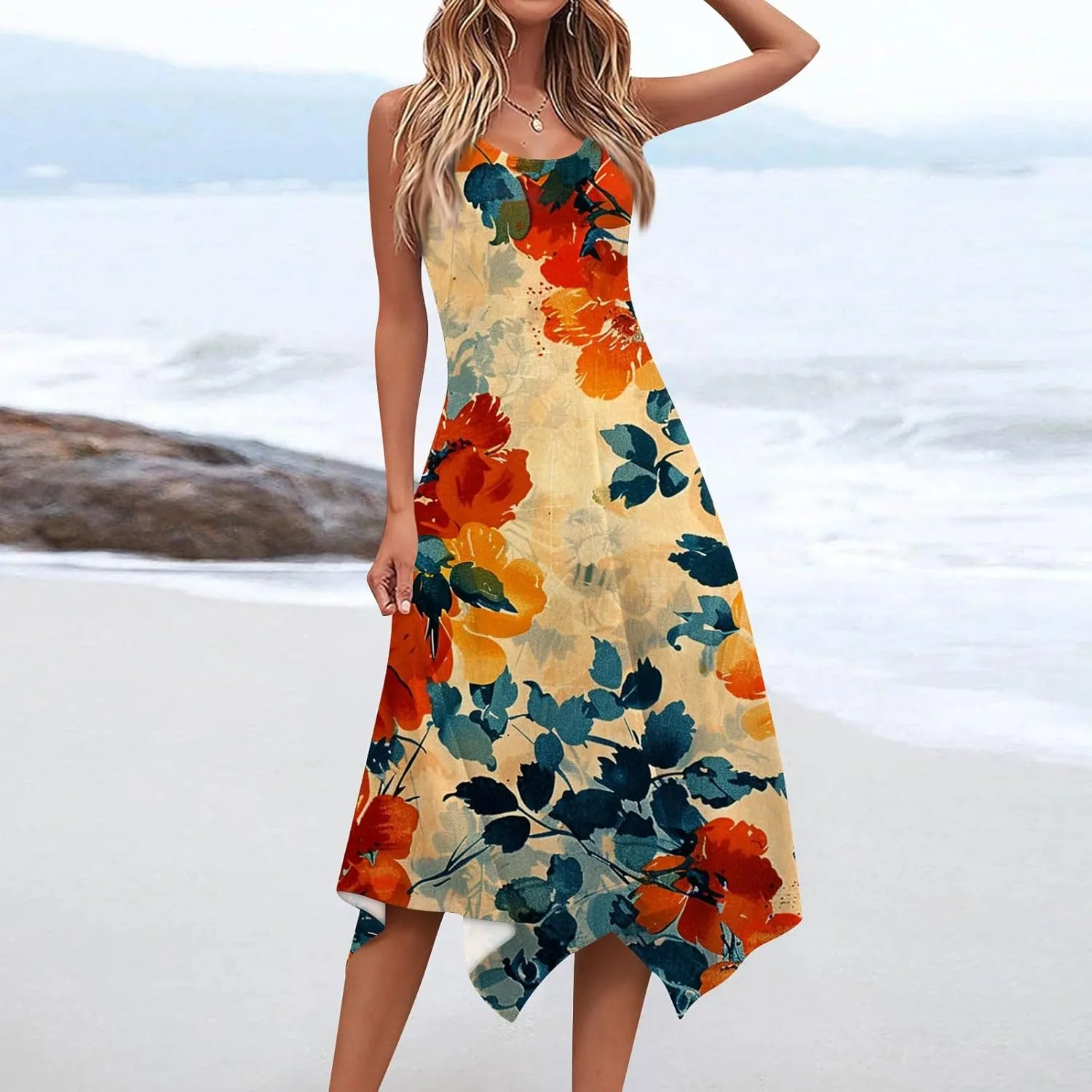 DOPOCQ Midi Dresses for Women 2024 Summer Hawaiian Trendy Print Boho Beach Dresses Casual Plus Size Sleeveless Tank Sundress