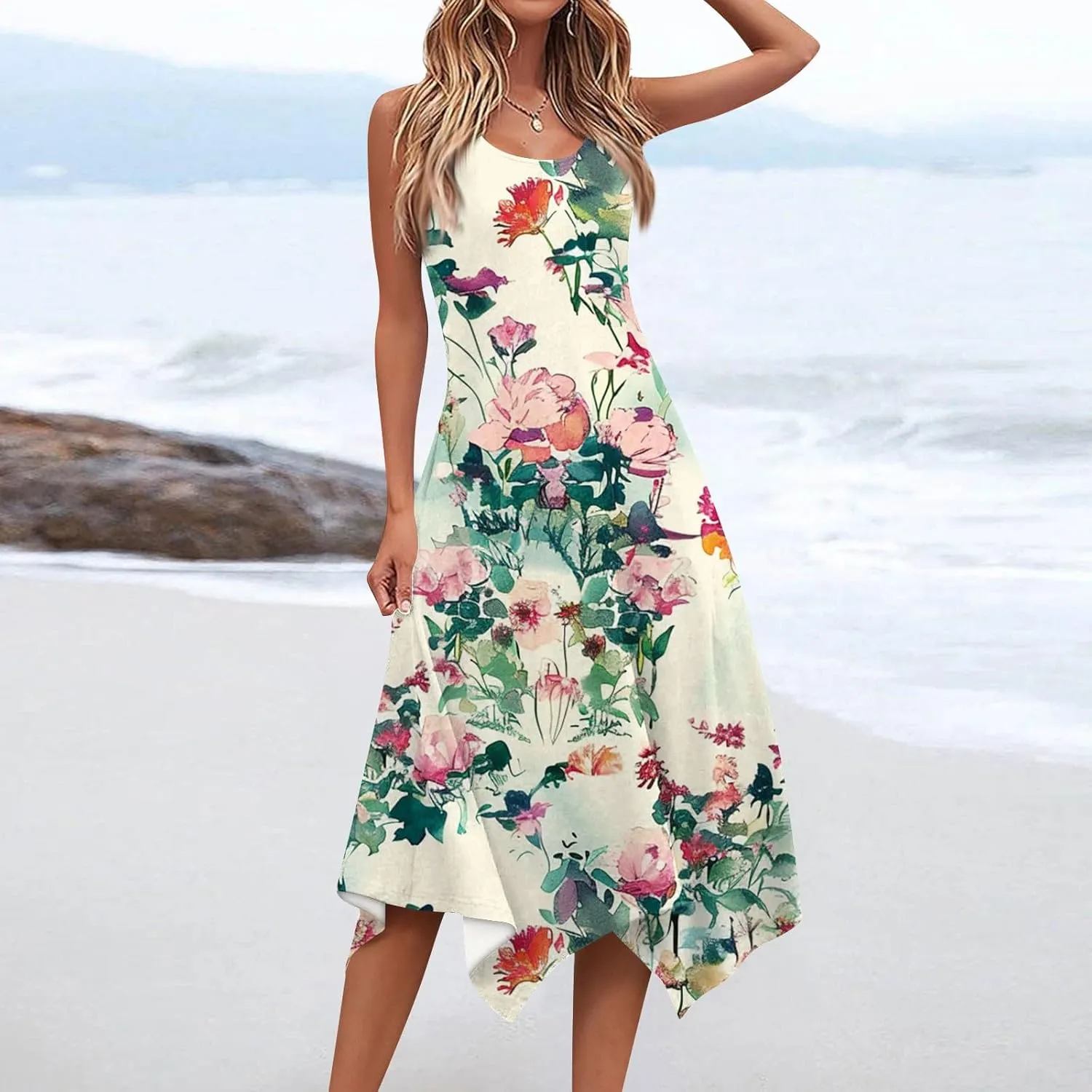 DOPOCQ Midi Dresses for Women 2024 Summer Hawaiian Trendy Print Boho Beach Dresses Casual Plus Size Sleeveless Tank Sundress