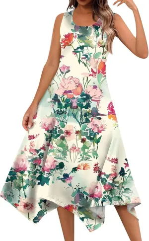 DOPOCQ Midi Dresses for Women 2024 Summer Hawaiian Trendy Print Boho Beach Dresses Casual Plus Size Sleeveless Tank Sundress