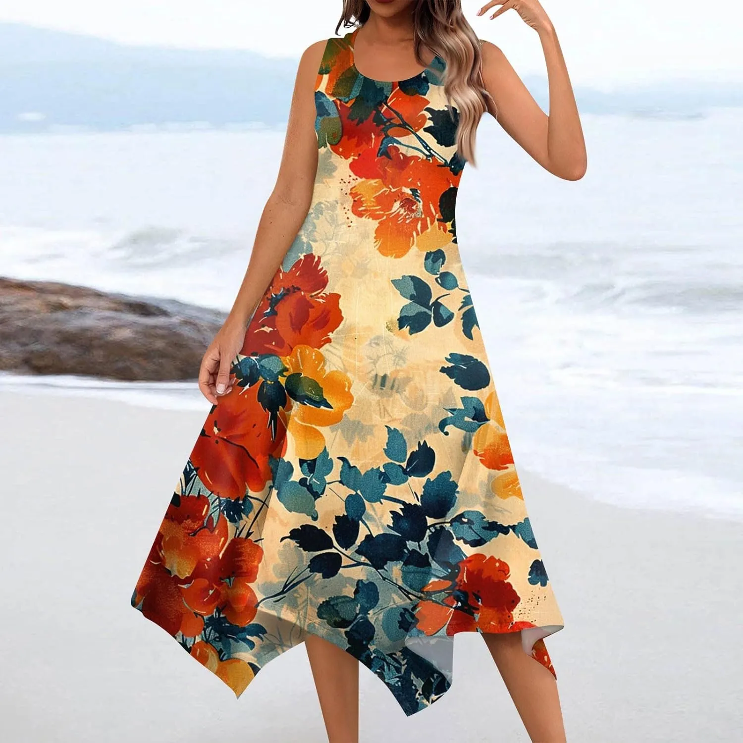 DOPOCQ Midi Dresses for Women 2024 Summer Hawaiian Trendy Print Boho Beach Dresses Casual Plus Size Sleeveless Tank Sundress