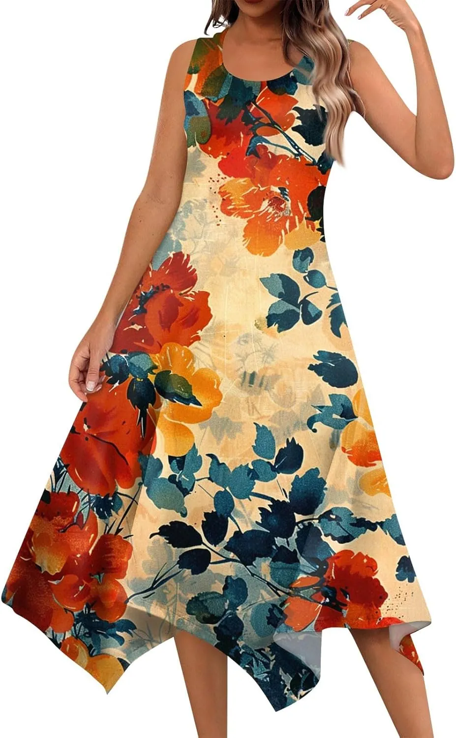 DOPOCQ Midi Dresses for Women 2024 Summer Hawaiian Trendy Print Boho Beach Dresses Casual Plus Size Sleeveless Tank Sundress