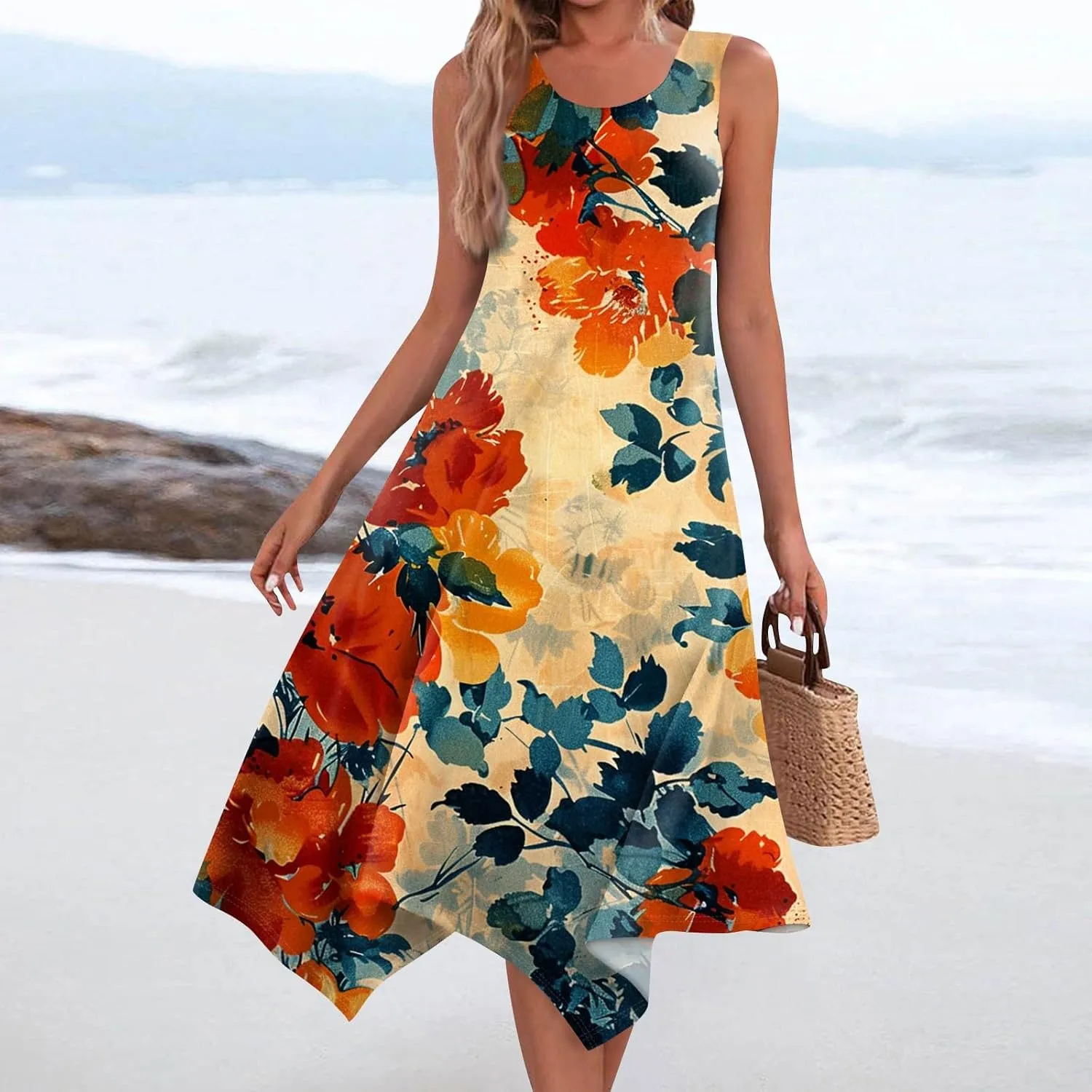 DOPOCQ Midi Dresses for Women 2024 Summer Hawaiian Trendy Print Boho Beach Dresses Casual Plus Size Sleeveless Tank Sundress