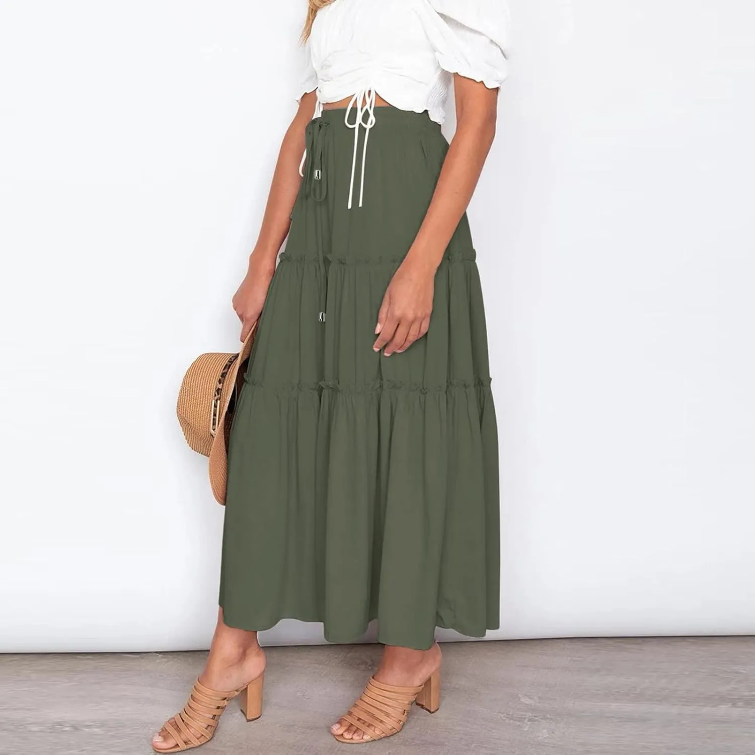 Drawstring Womens Skirt High Rise Ruched Skirts Ruffle Boho Pleated Waist Summer for Women 2023 Casual Cute Robe